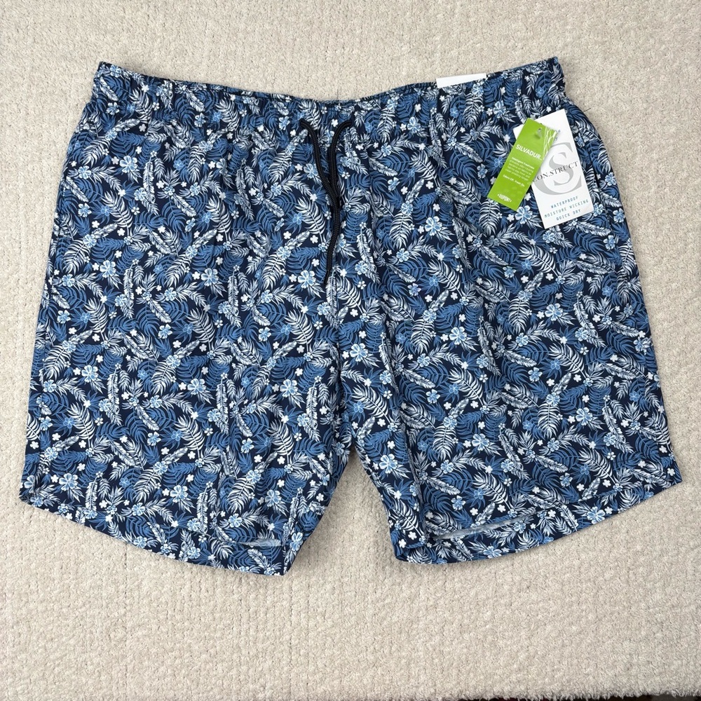 Con.Struct Swim Trunks Mens XXL Blue Tropical Leaf Mesh Lined Pockets Drawstring